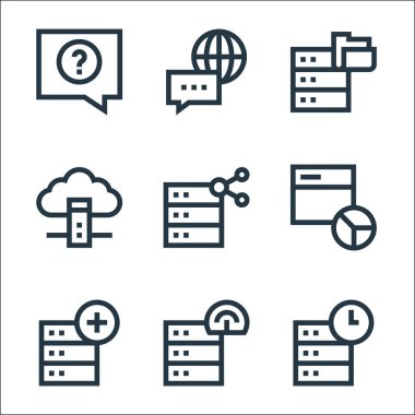 büyük veri çizgisi simgeleri. Doğrusal küme. veritabanı, sunucu, kaldırma, ağ analizleri, paylaşım, bulut sunucusu, veri transferi, iletişim gibi kalite vektör çizgisi
