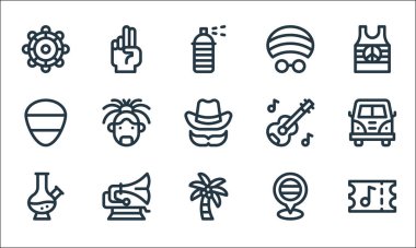 reggae çizgisi simgeleri. Doğrusal küme. Reggae, palmiye ağacı, bong, jamaica, gramofon, gitar penası, akustik gitar, şapka,