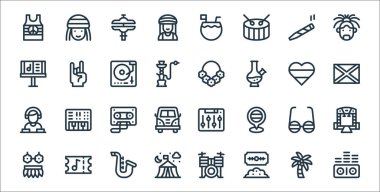 reggae çizgisi simgeleri. Doğrusal küme. Ses dalgaları, kokain, kamp çadırı, etek, gözlük, kaset, Jamaika, kolye, taş gibi kalite vektör dizileri