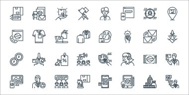 Marka çizgisi simgeleri. Doğrusal küme. yapboz, yaratıcı, strateji, analiz, promosyon, ortak, dağıtım, ürün gibi kalite vektör çizgisi kümesi