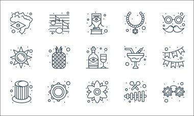 Brezilya karnaval çizgisi simgeleri. Doğrusal küme. Gözlük, papatya çayı, sihirli şapka, ksilofon, tef, güneş, şarap, kolye, müzik gibi kalite vektör dizileri