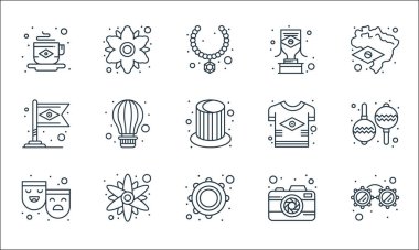 Brezilya karnaval çizgisi simgeleri. Doğrusal küme. Gözlük, tef, maske, kamera, ayçiçeği, Brezilya bayrağı, tişört, kupa, papatya çayı gibi kalite vektör dizileri