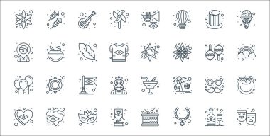 Brezilya karnaval çizgisi simgeleri. Doğrusal küme. Maske, kolye, kupa, bayrak, karnaval maskesi, Brezilya bayrağı, gökkuşağı, güneş, hindistan cevizi gibi kalite vektör çizgisi