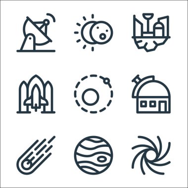 Uzay çizgisi simgeleri. Doğrusal küme. Samanyolu, jüpiter, meteorit, gözlemevi, yörünge, uzay gemisi, uzay kolonisi, tutulma gibi kalite vektör çizgisi kümesi