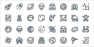 Uzay çizgisi simgeleri. Doğrusal küme. Bayrak, uranus, gözlemevi, Samanyolu, asteroid, dünya, uzay robotu, astronot, uzay kapsülü gibi kalite vektör çizgisi kümesi