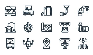 Üretim hattı simgeleri. Doğrusal küme. Üretim, yer tutucu, kamyon, taşıma bandı, kontrol kolu, depo, dizüstü bilgisayar, robot kolu, kontrol paneli gibi kalite vektör dizisi