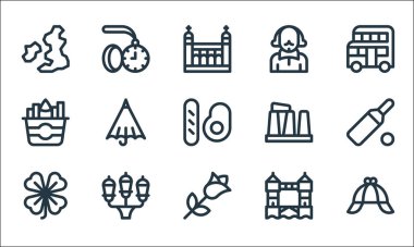 İngiltere hat simgeleri. Doğrusal küme. Dedektif şapkası, yonca, kule köprüsü, sokak lambaları, balık, stonehenge, Shakespeare, cep saati gibi kalite vektör çizgileri.