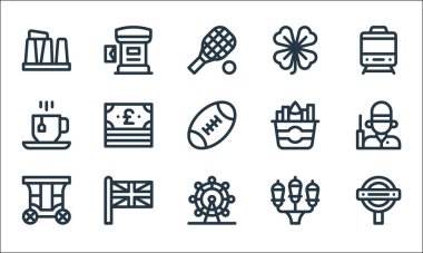 İngiltere hat simgeleri. Doğrusal küme. Yer altı, dönme dolap, fayton, sokak lambaları, sendika krikosu, çay fincanı, balık, yonca, posta kutusu gibi kalite vektör dizileri