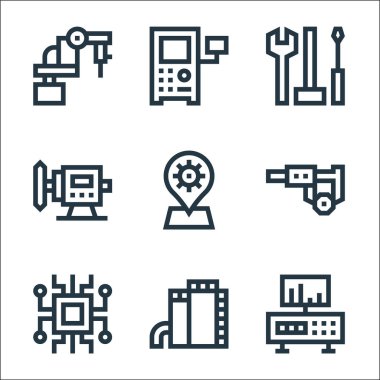 Üretim hattı simgeleri. Doğrusal küme. Kontrol paneli, tank, mikroişlemci, kalibre, yer tutucu, tampon, araçlar, kontrol sistemi gibi kalite vektör çizgisi kümesi