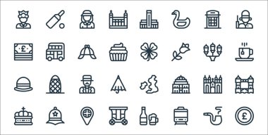 İngiltere hat simgeleri. Doğrusal küme. Kaliteli vektör çizgisi: pound, train, cart, crown, westminster, gentleman, tea cup, yonca, double decker bus