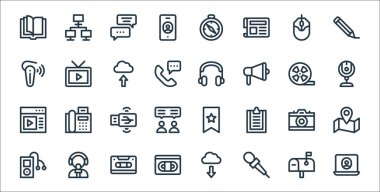 iletişim ve medya hattı simgeleri. Doğrusal küme. Laptop, mikrofon, vhs, müzik çalar, kamera, usb, webcam, müzik çalar, TV gibi kalite vektör dizileri