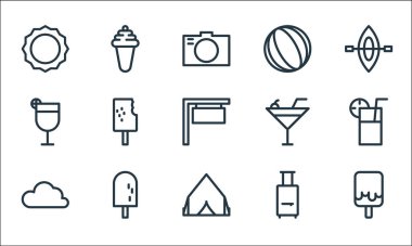 Tatil çizgisi simgeleri. Doğrusal küme. Dondurma, çadır, bulut, çanta, dondurma, meyve suyu, içecek, voleybol, dondurma gibi kalite vektör dizileri