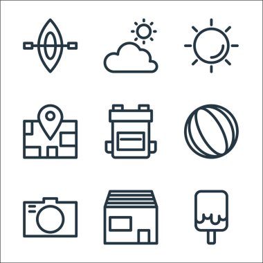 Tatil çizgisi simgeleri. Doğrusal küme. Dondurma, pansiyon, kamera, voleybol, sırt çantası, harita, güneş, yaz gibi kalite vektör dizileri