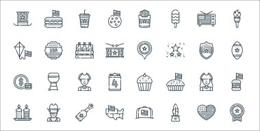 Temmuz ayının simgeleri. Doğrusal küme. Madalya, mürekkep hokkası, ABD, mum, vatansever, vatansever, rugby topu, ABD çıkartması gibi kalite vektör çizgisi