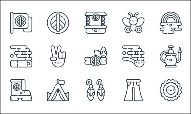 Hippi çizgisi simgeleri. Doğrusal küme. Güneş, küpeler, bot, kot pantolon, kamp çadırı, sigara, pipo, kelebek, barış gibi kalite vektör çizgisi