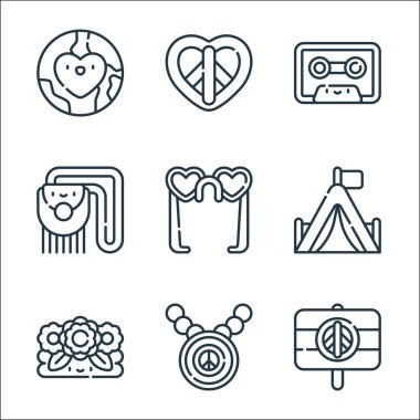 Hippi çizgisi simgeleri. Doğrusal küme. Barış, barış, çiçek tacı, kamp çadırı, güneş gözlüğü, el çantası, kaset, barış gibi kalite vektör çizgisi