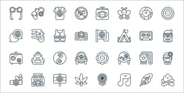 Hippi çizgisi simgeleri. Doğrusal küme. Şenlik ateşi, müzik notaları, kenevir, saç bandı, el çantası, yin yang, hippiler, barış, pipo gibi kalite vektör dizileri