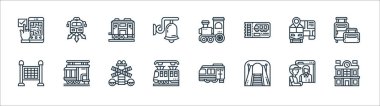 Demiryolu hattı simgeleri. Doğrusal küme. Tren istasyonu, tünel, metro, zaman çizelgesi, harita göstergesi, yük vagonu, buhar lokomotifi, yön gibi kalite vektör dizileri