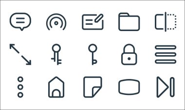 Arayüz çizgisi simgeleri. Doğrusal küme. Sonraki gibi kalite vektör satırı seti, belge, menü, balık gözü, menü, tam ekran, kilit, dizin, ağ