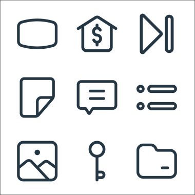 Arayüz çizgisi simgeleri. Doğrusal küme. Dosya, anahtar, galeri, menü, sohbet, belge gibi kalite vektör satırı kümesi, sonra şirket
