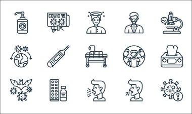 Koronavirüs çizgisi simgeleri. Doğrusal küme. Uyarı, öksürük, virüs bulaşması, hapşırma, ilaç, salgın, grup yok, doktor, haber raporu gibi kalite vektör çizgisi
