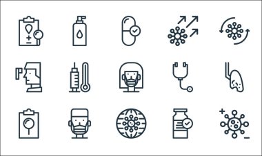 Virüs enfeksiyonu ve çizgi simgeleri. Doğrusal küme. Virüs, küresel, rapor, ilaç, insan, termometre, steteskop, virüs, alkol gibi kalite vektör dizileri