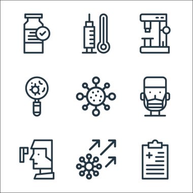 Virüs enfeksiyonu ve çizgi simgeleri. Doğrusal küme. Rapor, virüs, termometre, insan, virüs, kontrol, mikroskop, şırınga gibi kalite vektör dizileri