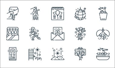 Kutlama çizgisi simgeleri. Doğrusal küme. Izgara, havai fişek, hoparlör, selfie, havai fişek, şişe, dansçı, şişe gibi kalite vektör dizileri