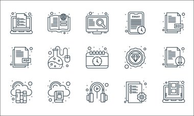 çevrimiçi öğrenme satırı simgeleri. Doğrusal küme. Video öğretisi, kulaklık, dijital kütüphane, belge, bulut kitaplığı, pdf dosyası, elmas tablet, kitap gibi kalite vektör satırı kümesi