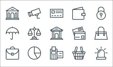 Bankacılık ve finans sektörü simgeleri. Doğrusal küme. Siren, pos terminal, portföy, alışveriş sepeti, pasta grafiği, şemsiye, cit kart, cüzdan, ccctv kamera gibi kalite vektör dizileri