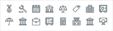 Bankacılık ve finans sektörü simgeleri. Doğrusal küme. Sertifika, ofis binası, kasa, şemsiye, bina, takvim, denge ölçeği, açık artırma gibi kalite vektör çizgisi