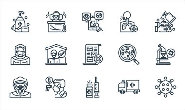 Koronavirüs çizgisi simgeleri. Doğrusal küme. Coronavirus, aşı, koruyucu giysi, ambulans, enfeksiyon kapmış, koruyucu giysiler, araştırma, öksürük, hasta çocuk gibi kalite vektör dizileri