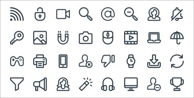 kullanıcı arayüzü satır simgeleri. Doğrusal küme. kupa, bilgisayar, sihirli değnek, filtre, indirme, mobil, şemsiye, fare, fotoğraf gibi kalite vektör dizileri