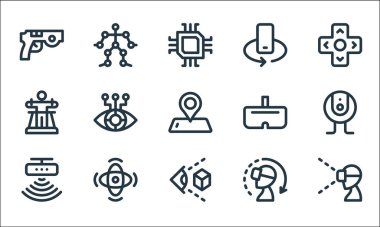 Sanal gerçeklik çizgisi simgeleri. Doğrusal küme. Sanal gerçeklik gözlüğü, sanal gerçeklik, hareket sensörü, vr gözlük, derece, vr gözlük, mobil dönüş, hareket gibi kalite vektör çizgisi kümesi