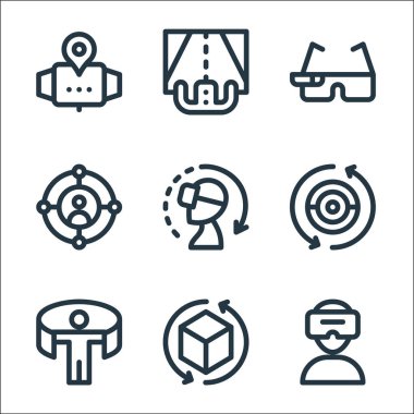 Sanal gerçeklik çizgisi simgeleri. Doğrusal küme. Sanal gerçeklik gözlükleri, d, sanal gerçeklik, kamera, vr gözlükleri, hedef, vr gözlükleri, direksiyon simidi gibi kalite vektör çizgisi kümesi