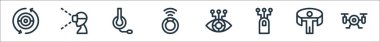 Sanal gerçeklik çizgisi simgeleri. Doğrusal küme. İHA, sanal gerçeklik, tap, göz, denetleyici, kulaklık, sanal gerçeklik gözlükleri gibi kalite vektör çizgisi kümesi