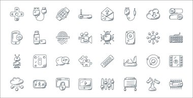 Teknoloji çizgisi simgeleri. Doğrusal küme. Devre, tost makinesi, video oynatıcı, bulut hesaplama, yörünge, konuşma, klavye, işlemci, usb gibi kalite vektör dizileri