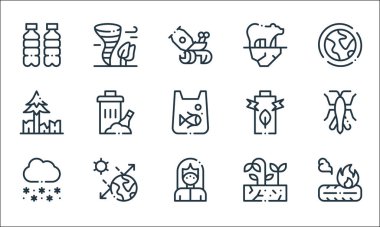 İklim değişikliği çizgisi simgeleri. Doğrusal küme. Lastik, maske, kar tanesi, kuraklık, güneş, ormansızlaşma, pil, kutup ayısı, fırtına gibi kalite vektör çizgisi kümesi
