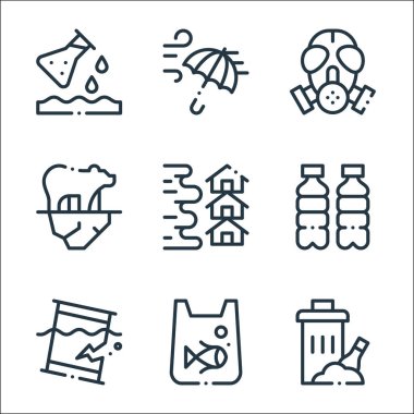 İklim değişikliği çizgisi simgeleri. Doğrusal küme. Çöp, kirlilik, petrol sızıntısı, plastik, sel, kutup ayısı, gaz maskesi, rüzgar