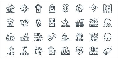İklim değişikliği çizgisi simgeleri. Doğrusal küme. Meteor, kutup ayısı, çöp, deniz atı, fırtına, atık, yağmur, kirlilik, petrol sızıntısı gibi kalite vektör çizgisi kümesi
