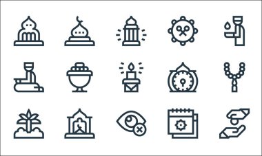 Ramazan çizgi simgeleri. Doğrusal küme. Sadaka, kapalı gözler, palmiye ağacı, takvim, pencere, salah, saat, cami gibi kalite vektör dizileri