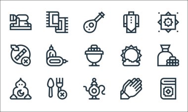 Ramazan çizgi simgeleri. Doğrusal küme. Kuran, çay, işa, dua, bayram mübarek, sigara, güneş, müslüman, halı gibi kalite vektör dizileri