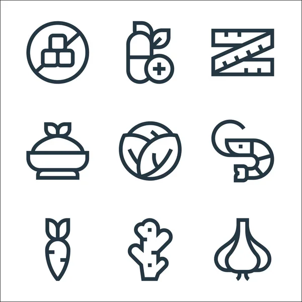 Línea Nutrición Iconos Conjunto Lineal Conjunto Línea Vectorial Calidad Como — Vector de stock