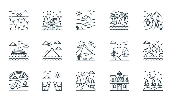 Doğa ve peyzaj çizgisi simgeleri. Doğrusal küme. Karlı, vadi, gökkuşağı, kale, iklim değişikliği, yolcu gemisi, yel değirmeni, tropikal, kır evi gibi kalite vektör çizgisi