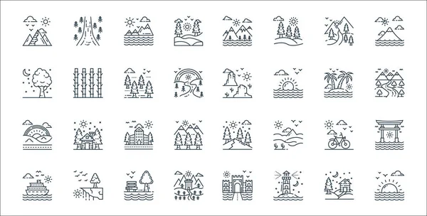 Doğa ve peyzaj çizgisi simgeleri. Doğrusal küme. Gündoğumu, deniz feneri, otel, yolcu gemisi, bisiklet, şehir manzarası, yol, çöl, bambu gibi kalite vektör çizgisi