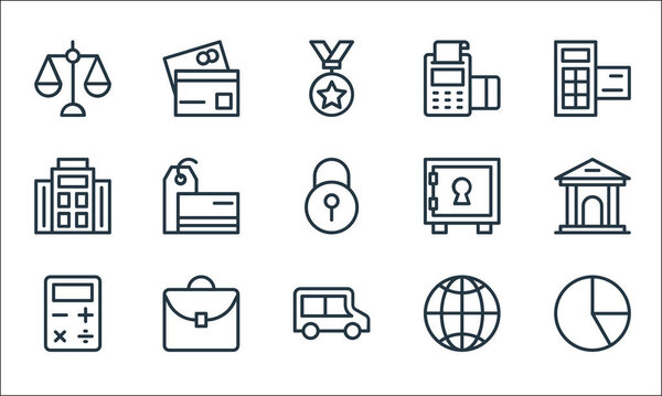 banking and finance line icons. linear set. quality vector line set such as pie chart, delivery van, calculator, internet, portfolio, building, vault, pos terminal, cit card