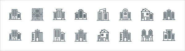 Edificios Línea Iconos Conjunto Lineal Conjunto Línea Vectorial Calidad Como — Vector de stock