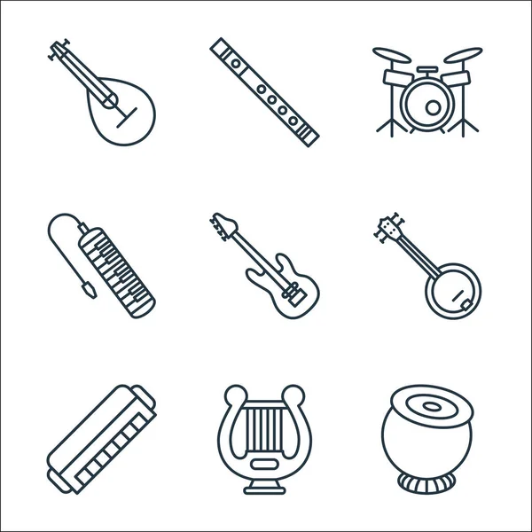 Musikinstrumente Säumen Symbole Lineares Set Qualitätsvektorlinienset Wie Tabla Harfe Mundharmonika — Stockvektor