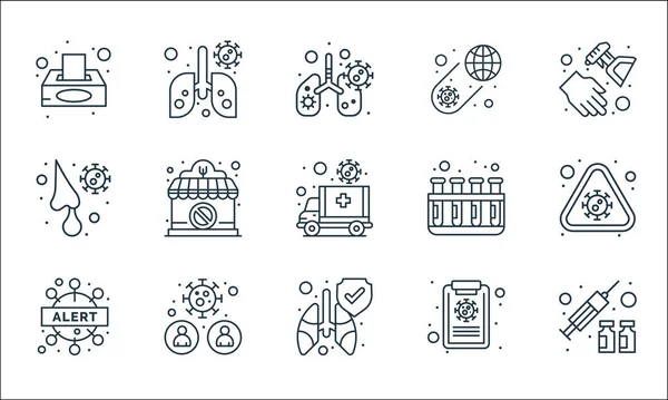 Koronavirüs Çizgisi Simgeleri Doğrusal Küme Enjeksiyon Akciğer Uyarı Tıbbi Rapor — Stok Vektör