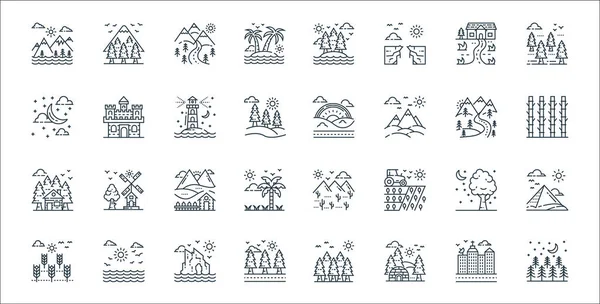 Иконы Природы Ландшафтной Линии Линейное Множество Набор Векторных Линий Качества — стоковый вектор